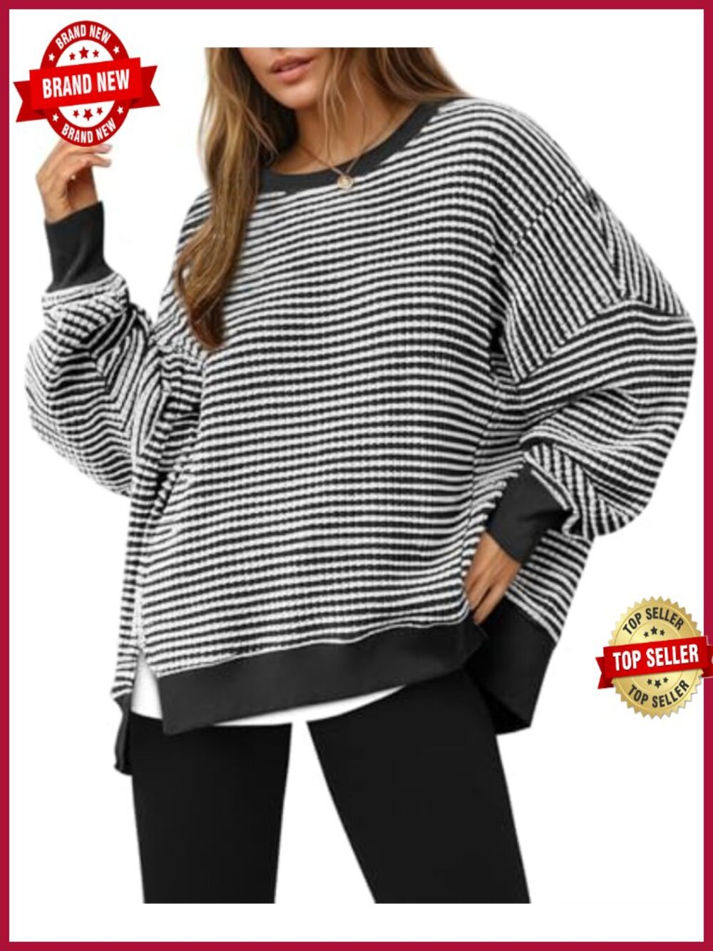 Waffle Knit Oversized Sweatshirt Crewneck Split Tunic Pullover